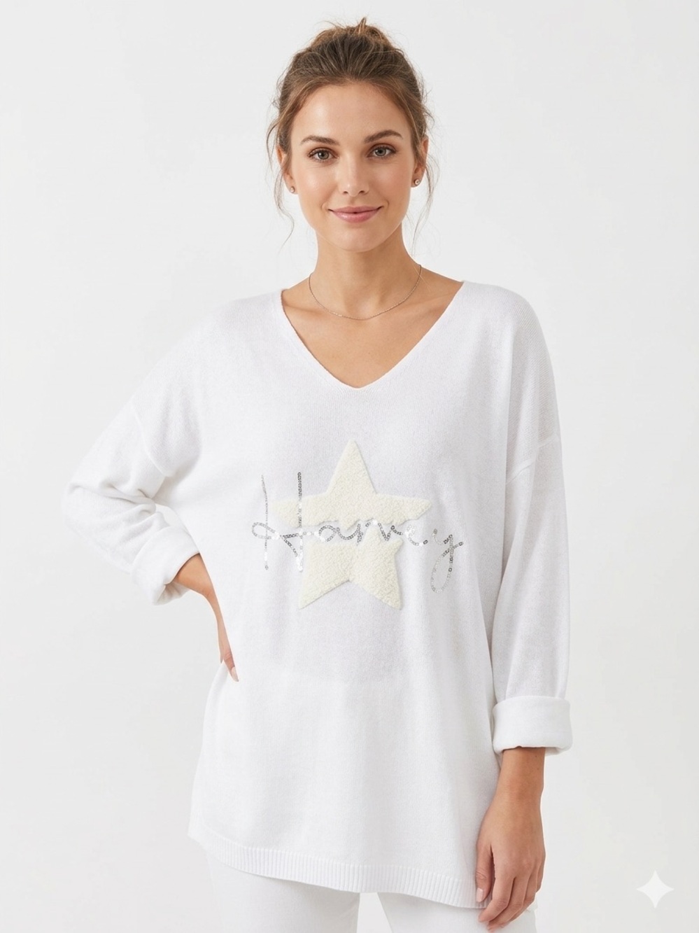 IT014 🇮🇹 Made in Italy V-Neck Star Knit white Sweater Top